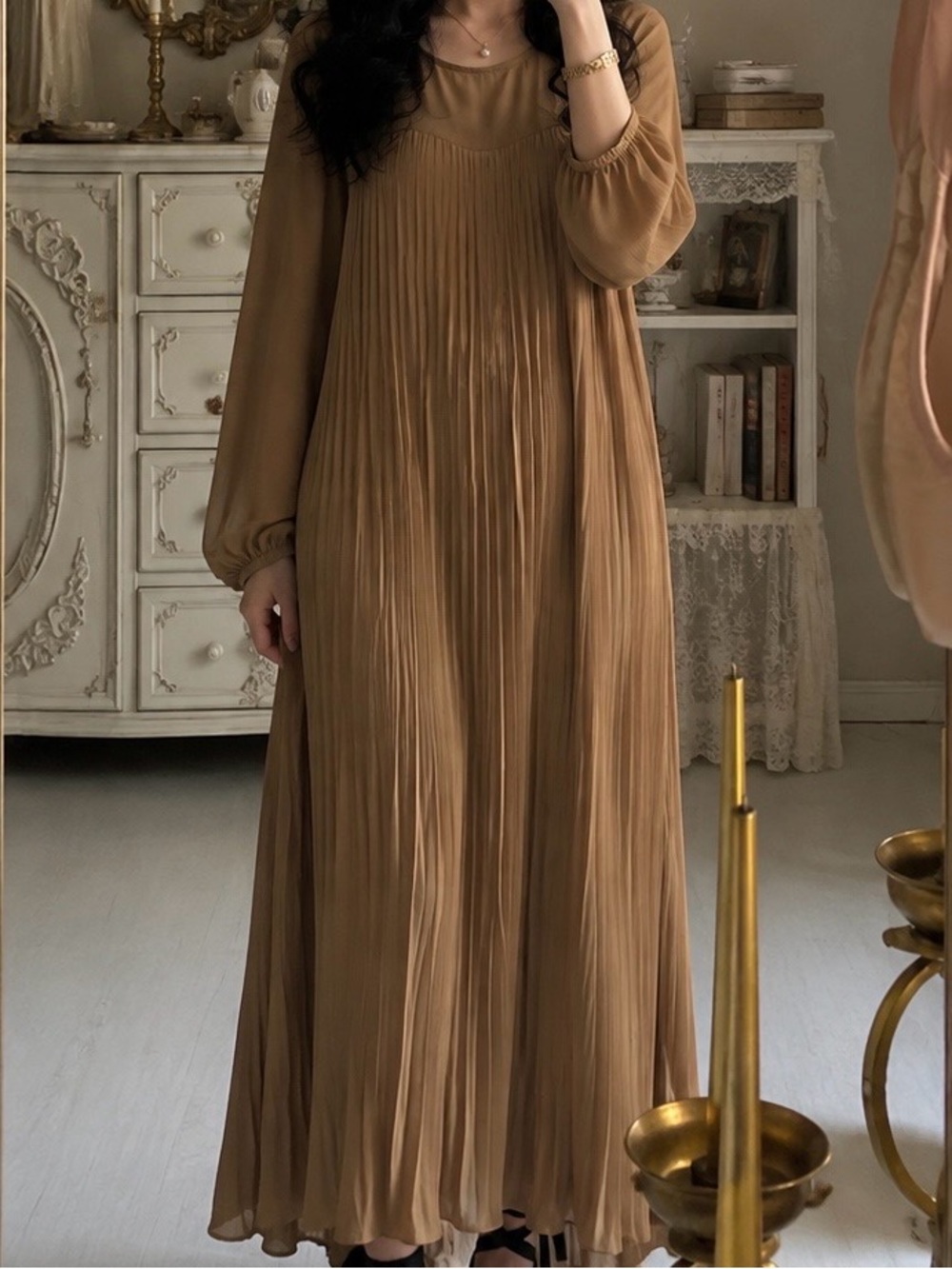Brown Pleated Long Sleeve Maxi Dress
